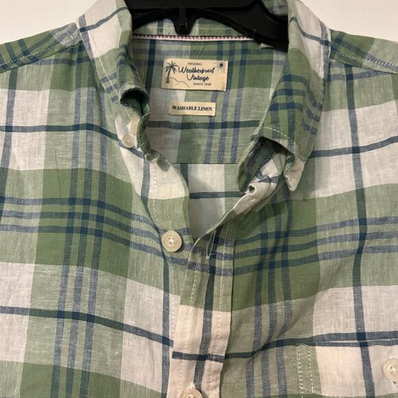 Weatherproof Vintage Men's Short Large Sleeve Shirt Washable Linen Green Plaid - Picture 2 of 8
